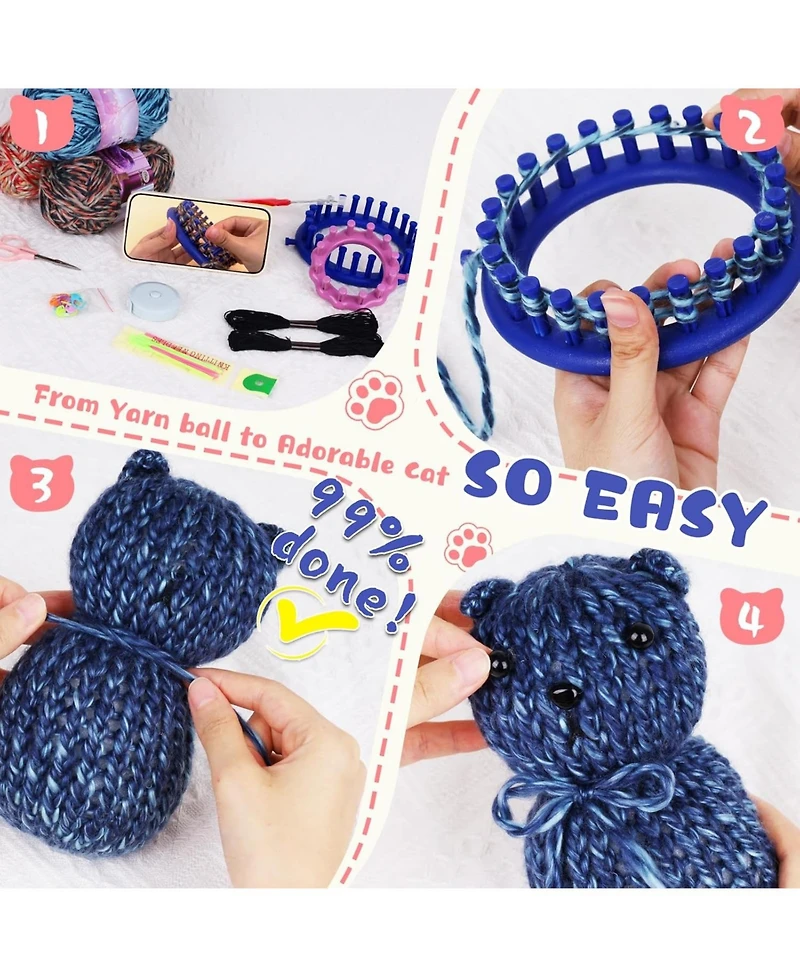 Aeelike Round Loom Knitting Kit for Beginners, Easy to Knit Cat (LandS) Complete Beginner Kit with Step-by-Step Instructions Videos, Animal Craft Gift