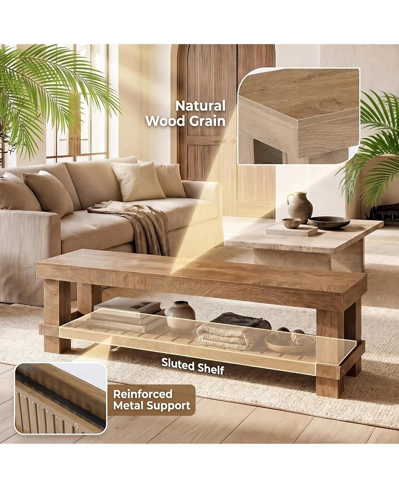 Tribesigns 63" Long Entryway Dining Bench with Slatted Shelf Farmhouse wooden bench seat with storage for hallway, mudroom, bedroom
