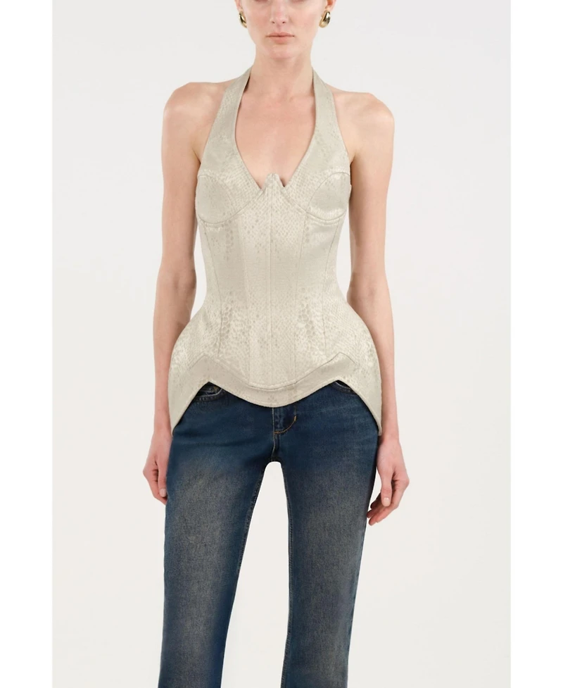 Nocturne Women's Snake Print Boned Corset Halterneck Body Top