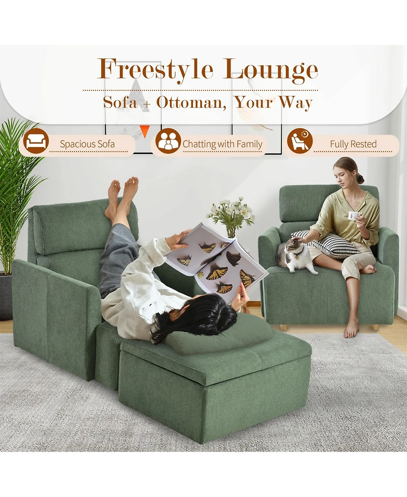 Rainsken Modern Oversized Accent Chair, Comfy Upholstered Armchair with Storage Ottoman and Side Pillows for Living Room, Reading Nook