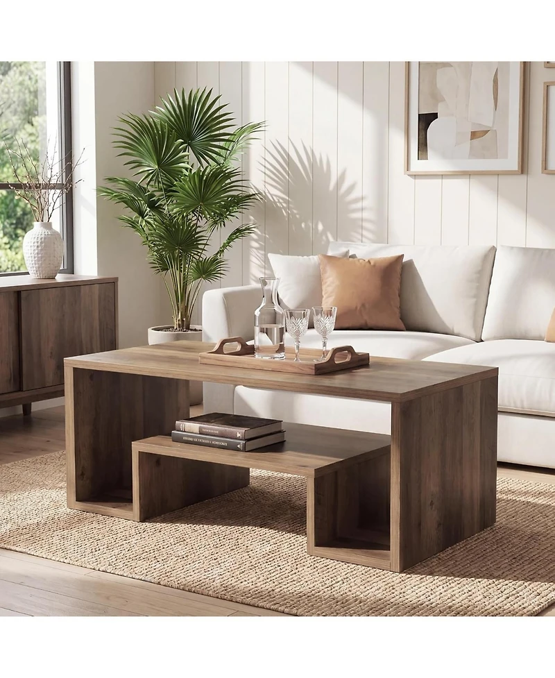 Tribesigns Rustic Coffee Table: 2-tier storage shelves, farmhouse rectangle wood with open cubbies for living room, entryway.
