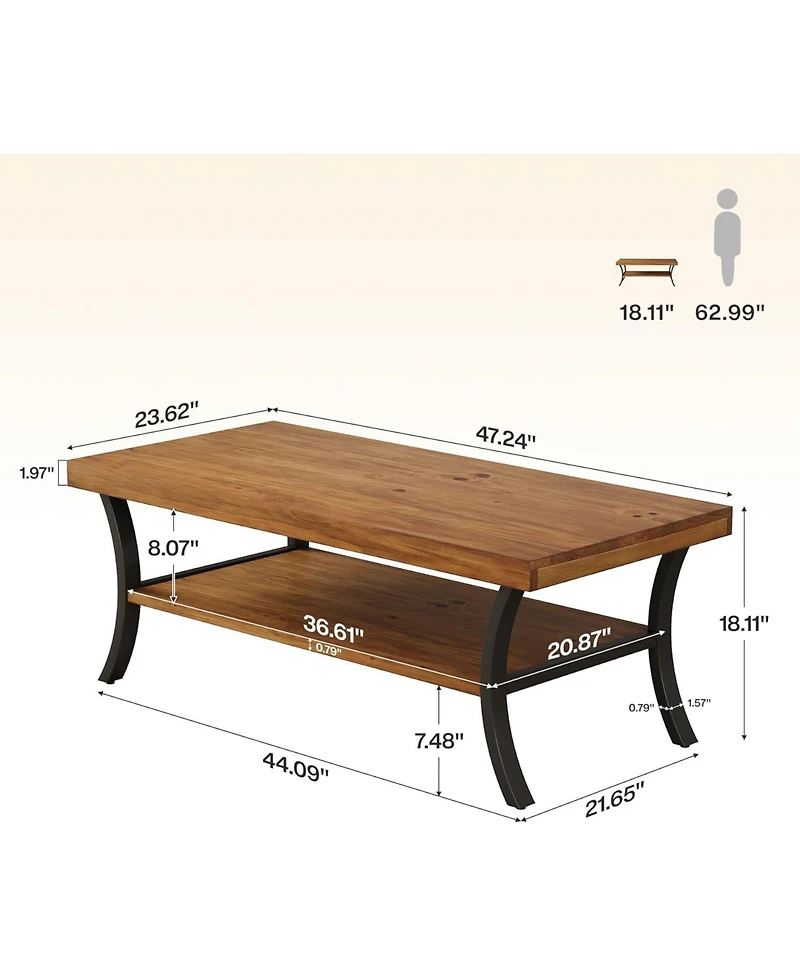 Tribesigns Farmhouse Coffee Table: 2-tier rectangular wood with storage shelf and curved metal legs. 47" center table for living room, home office