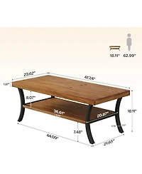 Tribesigns Farmhouse Coffee Table: 2-tier rectangular wood with storage shelf and curved metal legs. 47" center table for living room, home office