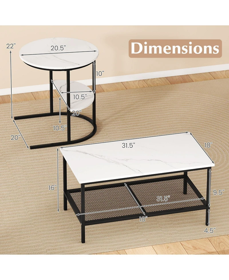Sugift 2-Tier Coffee Table and Side End Table Set with Faux Marble Tops and Storage Shelves