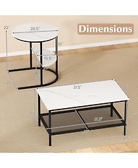 Sugift 2-Tier Coffee Table and Side End Table Set with Faux Marble Tops and Storage Shelves
