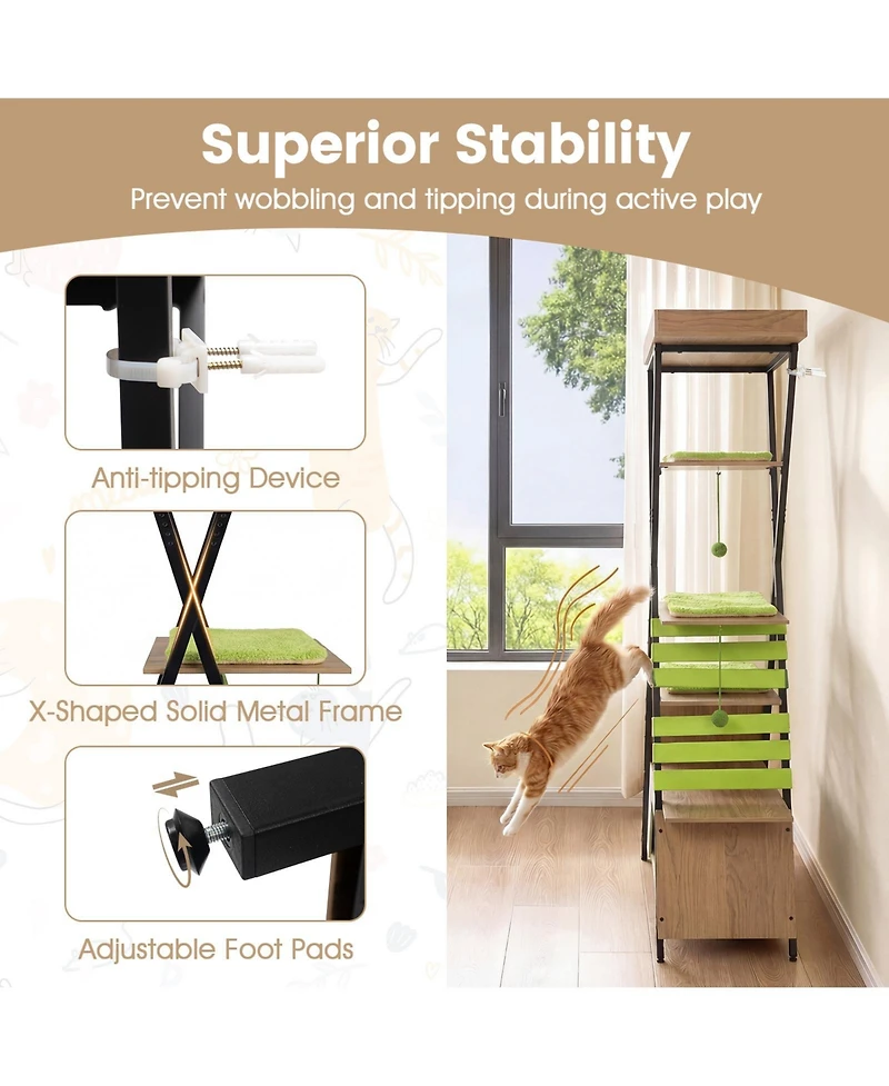 Costway 73" Wooden Multi-level Cat Tower with Elevated Perch, Large Condo, Dangling Balls