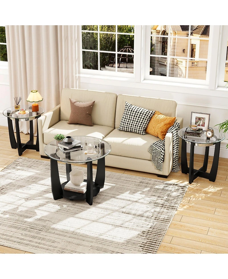 Costway Tempered Glass Coffee Table Set of 3, 2-Tier Coffee Table and 2 Round End Tables