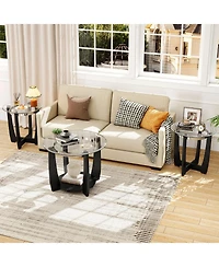 Costway Tempered Glass Coffee Table Set of 3, 2-Tier Coffee Table and 2 Round End Tables