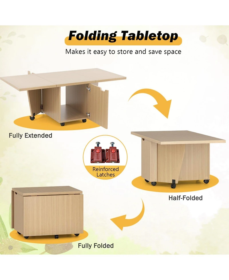Sugift Foldable Coffee Table with Storage Cabinet and Lockable Wheels, 48 x 24 inch