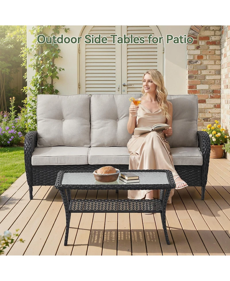Pocassy Outdoor Coffee Table with Storage Wicker Patio Table, Tempered Glass Top for Outside Balcony Porch Deck