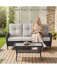 Pocassy Outdoor Coffee Table with Storage Wicker Patio Table, Tempered Glass Top for Outside Balcony Porch Deck