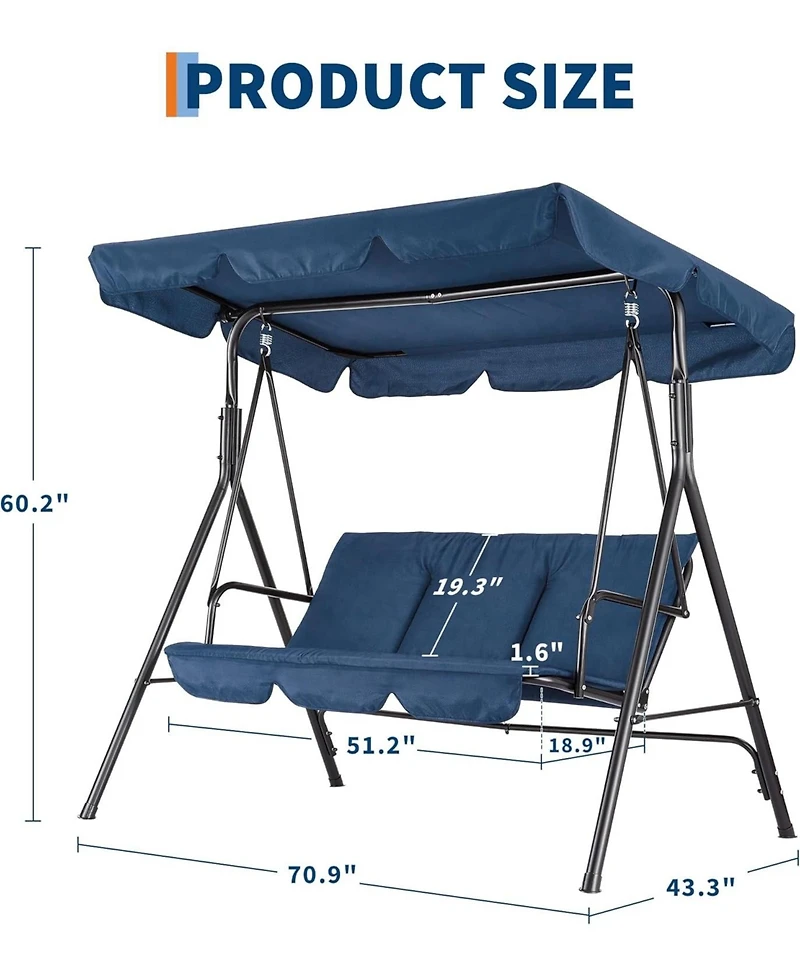 gaomon 3-Seat Outdoor Patio Swing with Adjustable Canopy and Stand – 600 lbs Capacity, Heavy-Duty Steel Frame, Waterproof Cushion