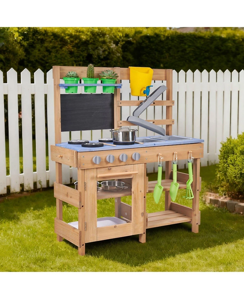 Mecale Kids Outdoor Mud Kitchen, Wooden Play Kitchen with Stove, Hooks & Sink, Shovels, Spatulas, Handle, Cookware Pots & Accessories
