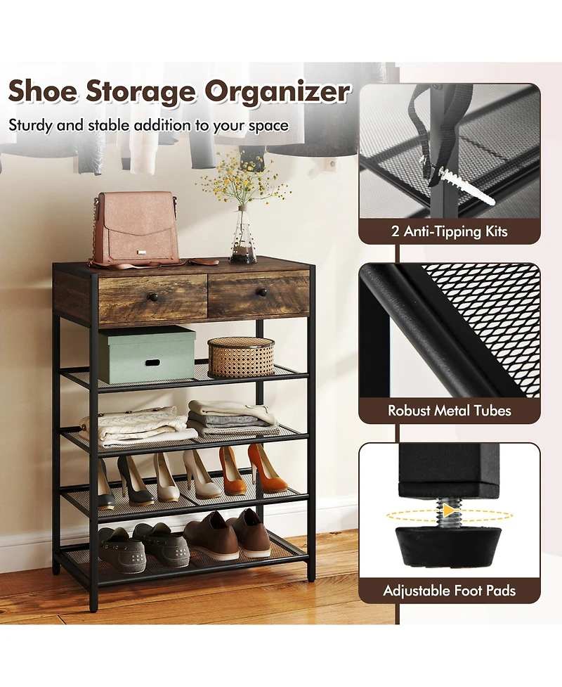 Sugift Coat Rack and 5-Tier Shoe Stand Combo with Drawers and Mesh Shelves, 25.5 in. Wide