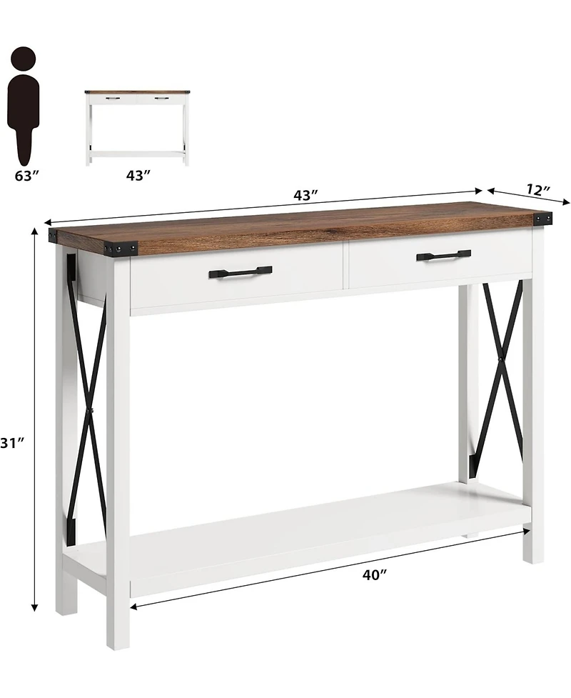 homfan Industrial Console Table, 2-Tier Narrow Sofa Table with Drawers and Open Shelf