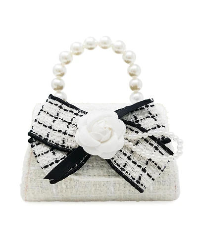 Puttisu Girls Coco Ribbon Tweed Handbag with Pearl Handle