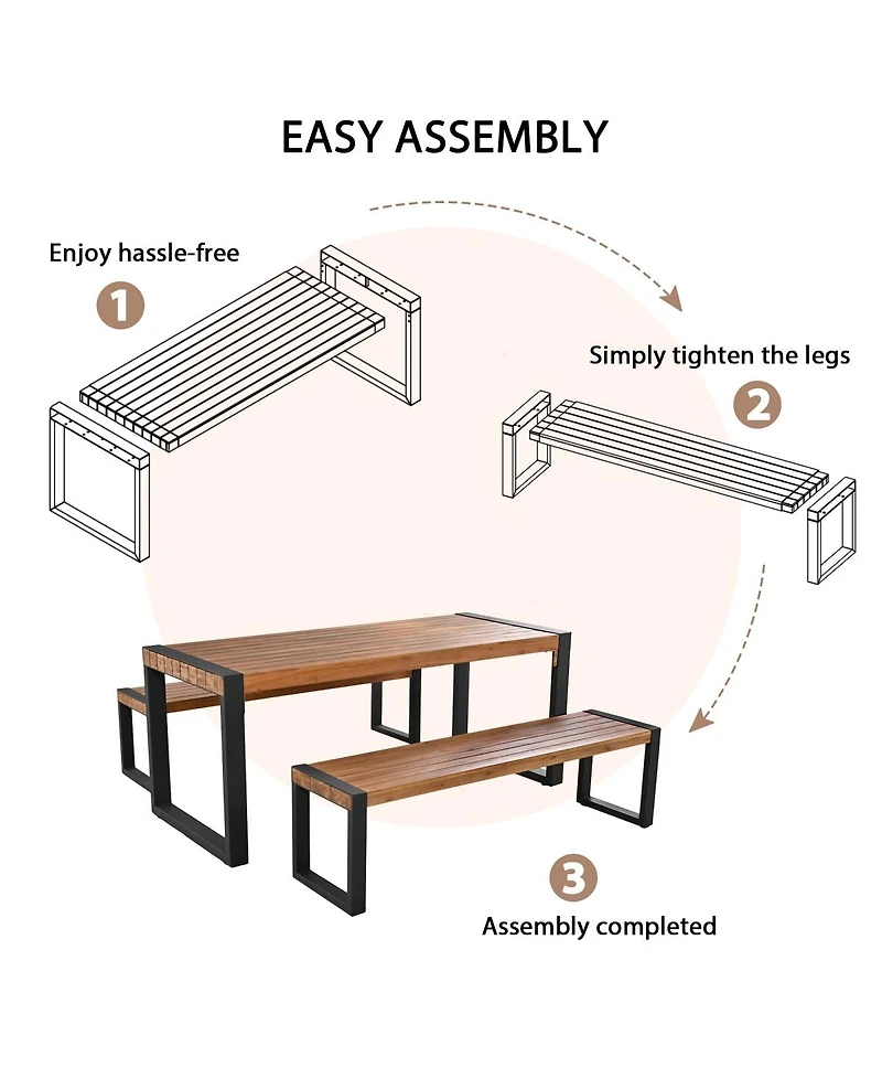 Asagikoiai 3-Piece Outdoor Acacia Wood Dining Set with Benches with Steel Frame
