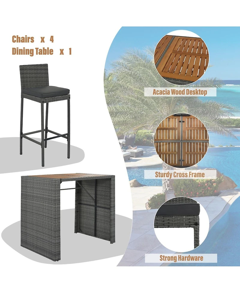 Asagikoiai 5-Piece Outdoor Wicker Bar Set with Cushions and Acacia Wood Table