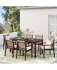 Asagikoiai 7-Piece Acacia Wood Outdoor Dining Set with Cushions and Wicker Chairs