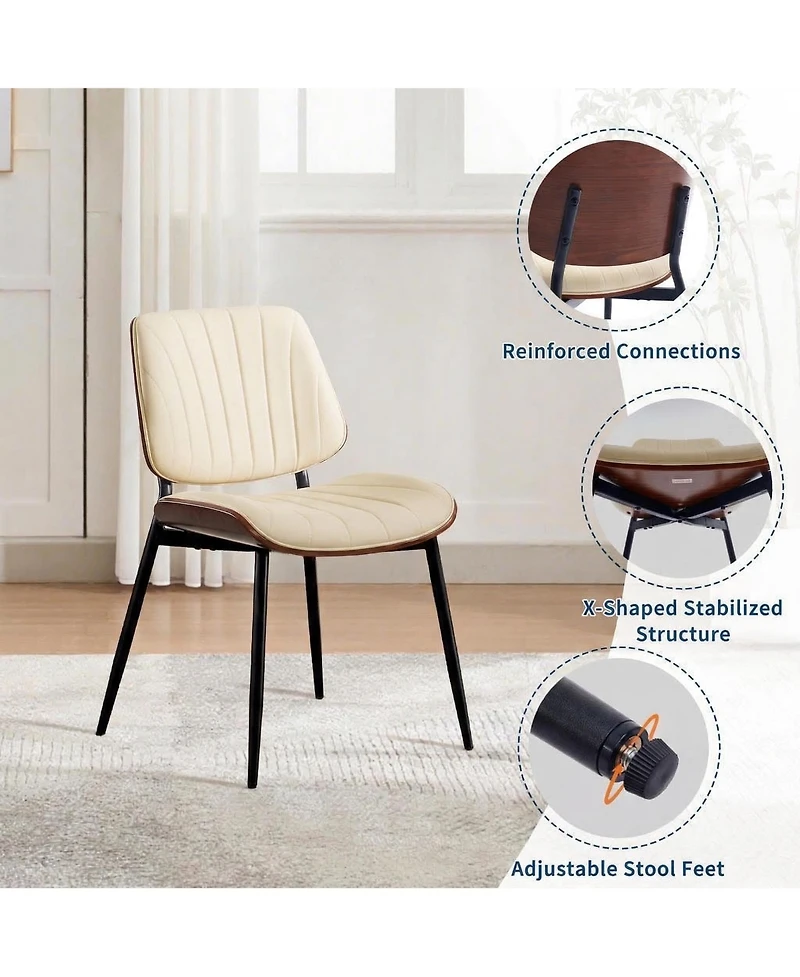 homfan Set of 6 Dining Chairs, Upholstered Pu Leather Kitchen Side Chairs with Curved Walnut Bentwood Back, Metal Legs and Adjustable Feet