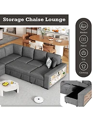 Clihome U-shaped Sectional Sofa Pull-out Sofa Bed with Usb Ports and Storage Chaise Lounge and Four Back Pillows for Living Room