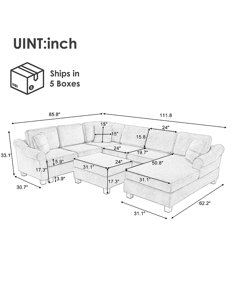 Clihome Sectional Sofa U-shaped Sofa with Movable Storage Ottoman