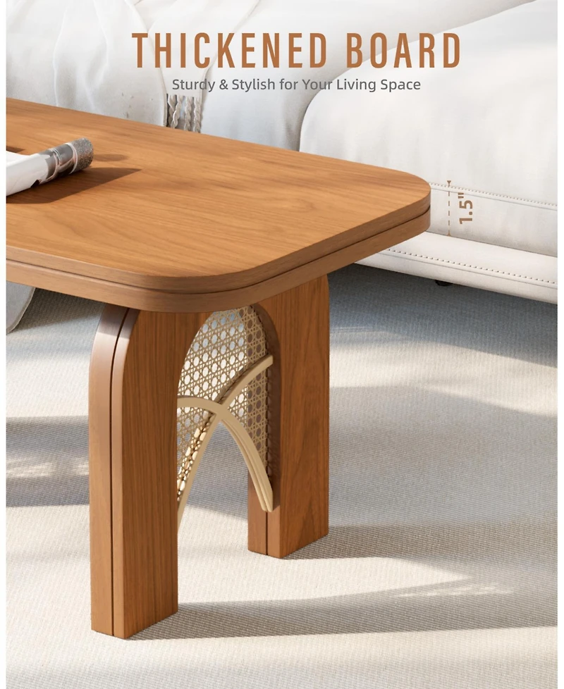 Sugift 39" Rattan Boho Coffee Table with Arched Cane Legs, Mid Century Modern Rectangle Wood Center Table for Living Room