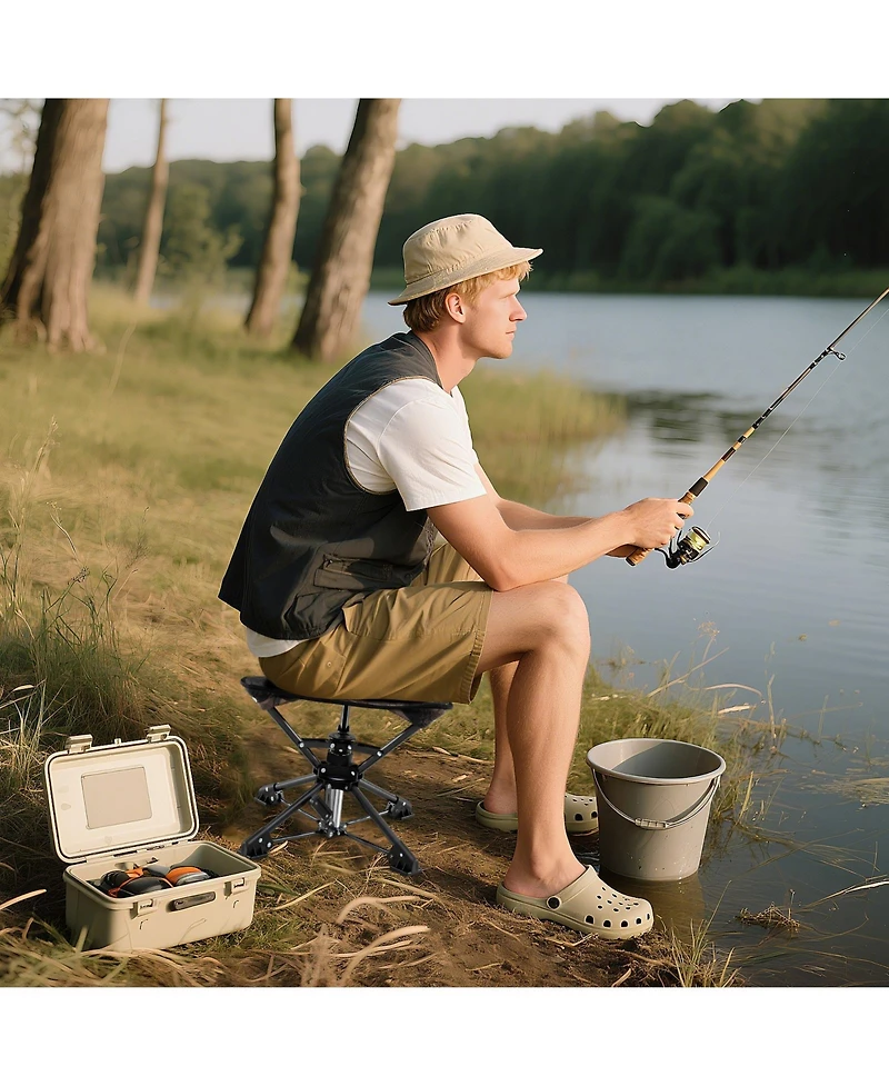 Sugift Folding Camping Stool 360degree(s) Swivel Hunting Chair with Anti-Sink Feet