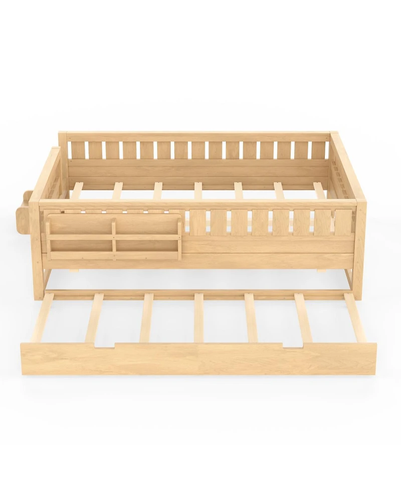 Streamdale Furniture Queen Bed with Bookshelves Staircase Safety Rails and Trundle Light