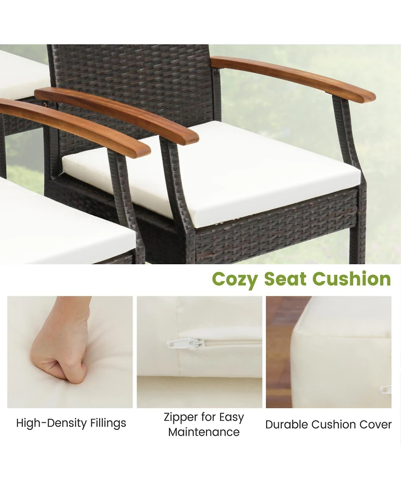 Gymax 7 Piece Wicker Dining Set Cushion Acacia Wood Armrests Table With Umbrella Hole Patio
