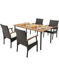 Gymax 5 Piece Wicker Dining Set Cushion Acacia Wood Armchairs Table With Umbrella Hole Patio