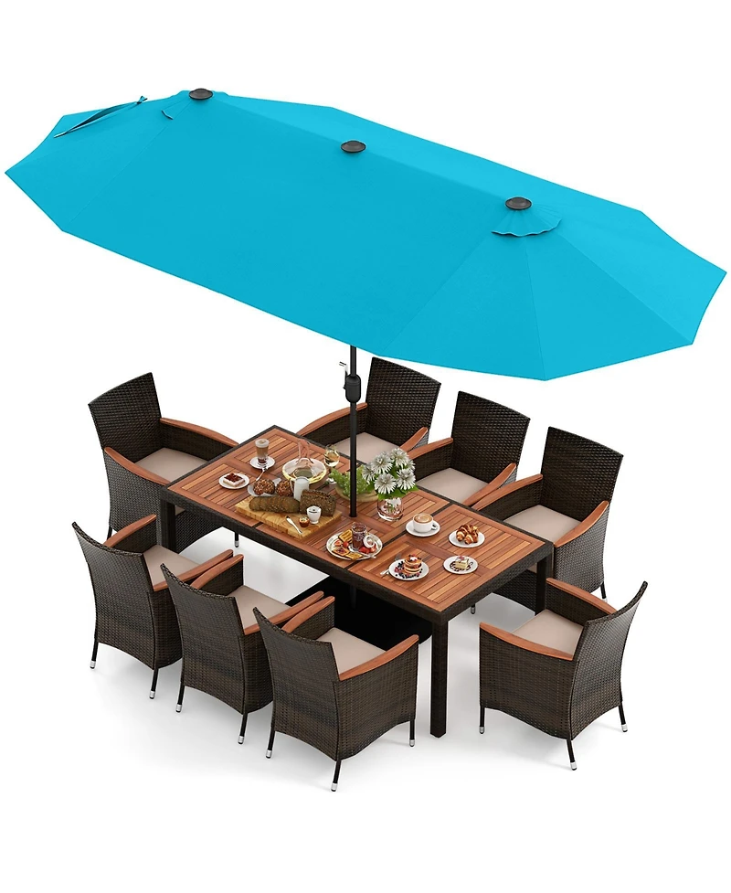 Gymax Set of 11 Patio Dining Set with 15ft Double-Sided Patio Umbrella (Base Included)