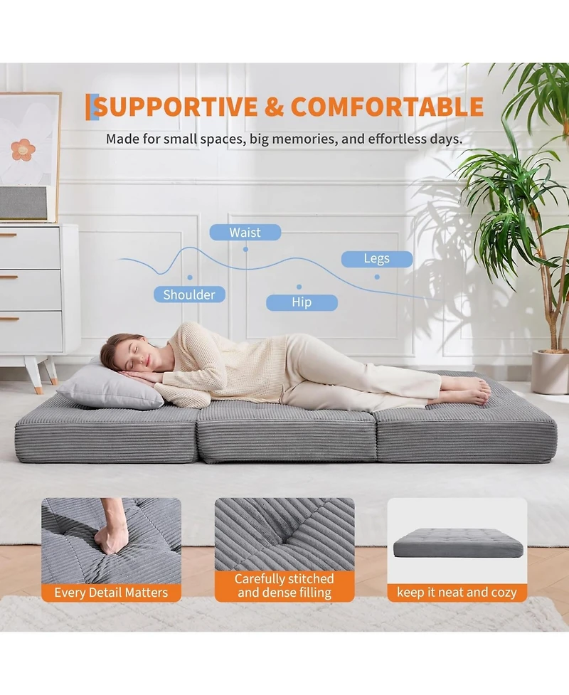 homfan 6" Tri-Fold Floor Mattress – Folding Chenille Sofa Bed, Twin Size Portable Mat for Camping or Guest