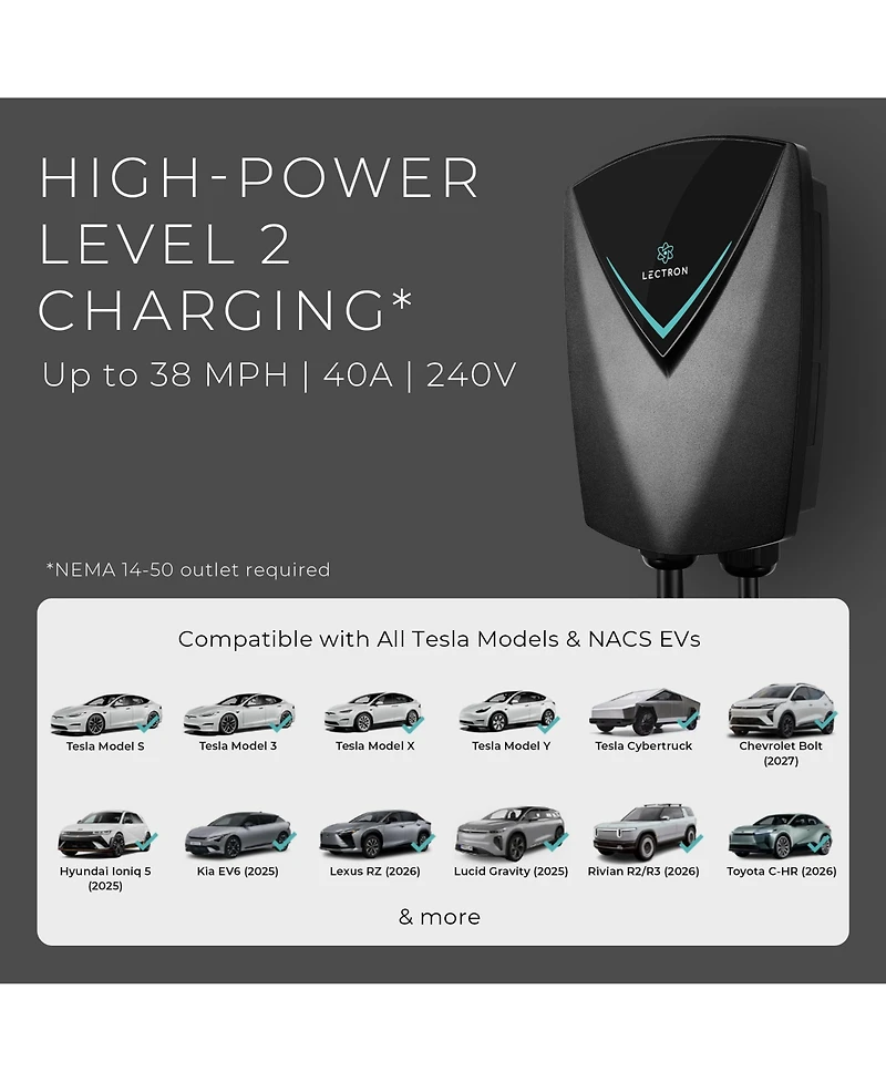 Lectron Nexus Level 2 Tesla Nacs Ev Charger 40A 240V Etl 23FT Nema 14-50