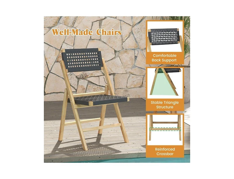 Lucky One Set of 2 Folding Teak Wood Dining Chairs with Woven Rope Seat and Back