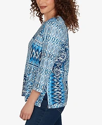 Alfred Dunner Petite Medallion Navy Patchwork Knit Top