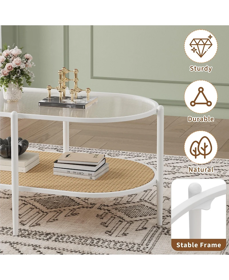 homfan Oval 2-Tier Coffee Table with Water-Wave Glass Top, Rattan Accent and Storage Shelf for Living Room