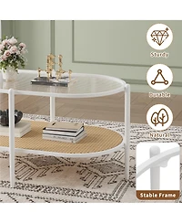 homfan Oval 2-Tier Coffee Table with Water-Wave Glass Top, Rattan Accent and Storage Shelf for Living Room