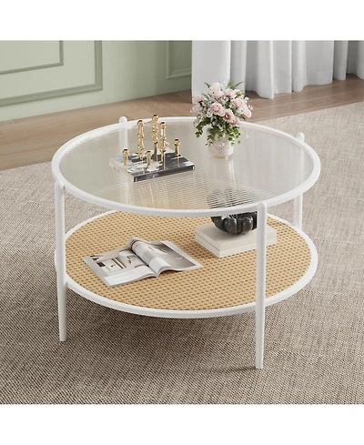 homfan Round 2-Tier Coffee Table with Tempered Glass Top and Rattan Shelf, Metal Frame Center Table for Living Room, Apartment, Small Space