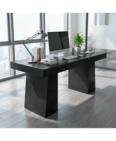 homfan Mid-Century Executive Desk – Double Trapezoid Base, Wood Computer Desk for Home Office or Conference