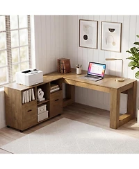 Tribesigns L Shaped Desk with Rolling File Cabinet, 63-Inch Executive Home Office Set, Wood Farmhouse Style, Storage Shelves and Drawers