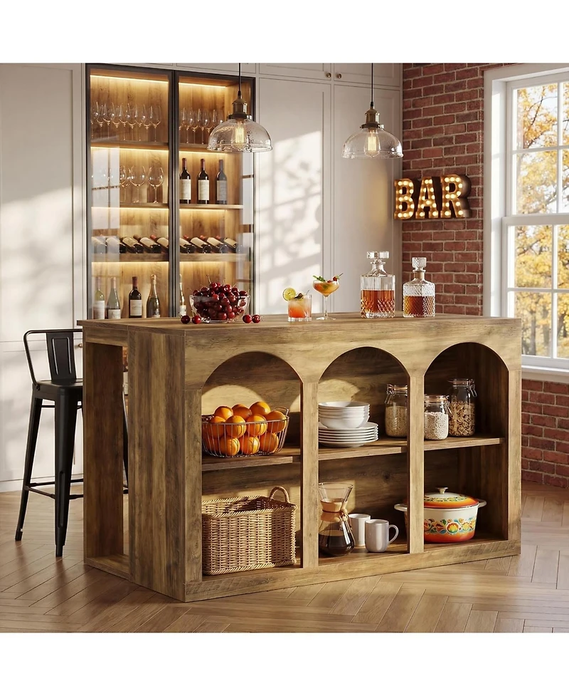 Tribesigns Bar Table, 55-Inch Counter Height Pub Table with 2-Tier Arched Storage Shelves, High Top Large Home Bar Unit