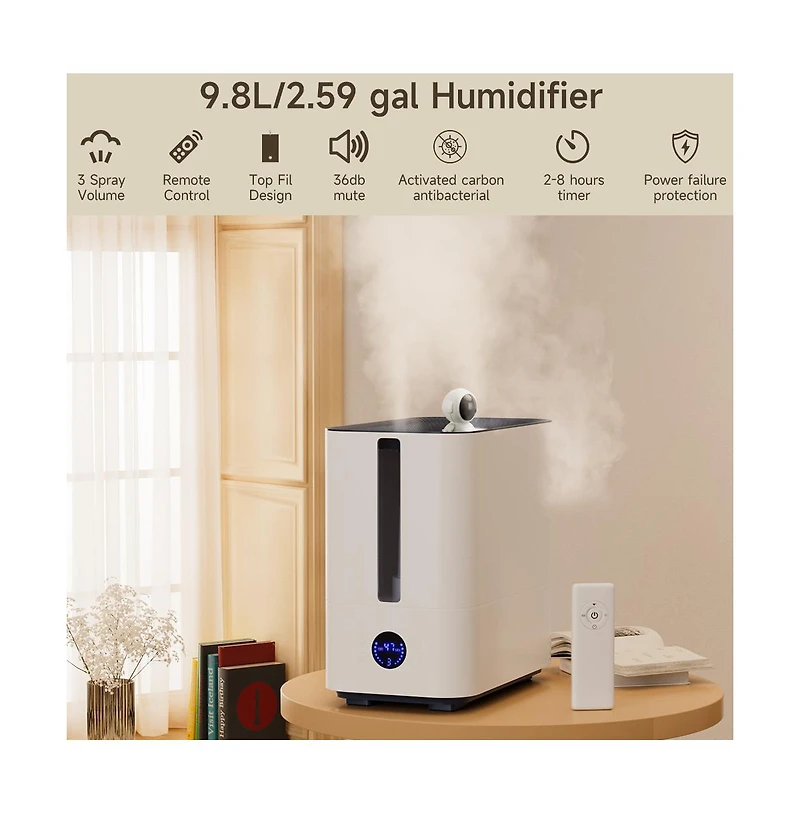Topteng 2.6 Gal Humidifier with 800ml/h Output, 50H Runtime & 4-Nozzle Nano Mist