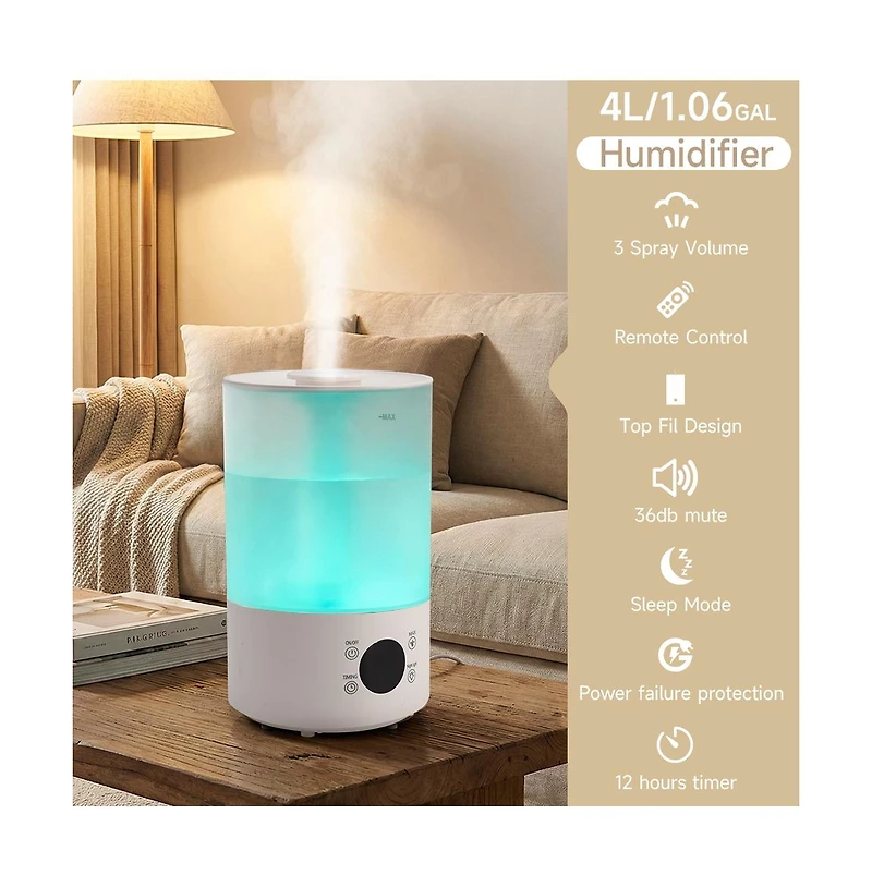 Topteng 1.1 Gal Humidifier with 7-Color Rgb Light, 12H Runtime, 9H Timer & 360° Nozzle