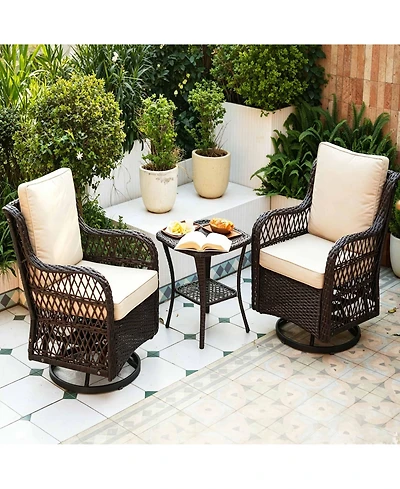 homfan 3 Piece Patio Bistro Set, All Weather Wicker Swivel Rocker Lounge Chairs with Cushions and Glass Table for Porch or Garden