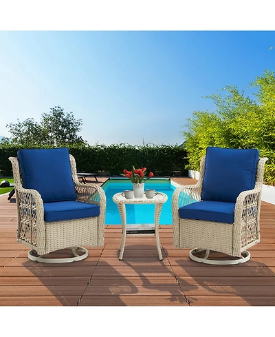 homfan 3 Piece Patio Bistro Set, All Weather Wicker Swivel Rocker Lounge Chairs with Cushions and Glass Table for Porch or Garden