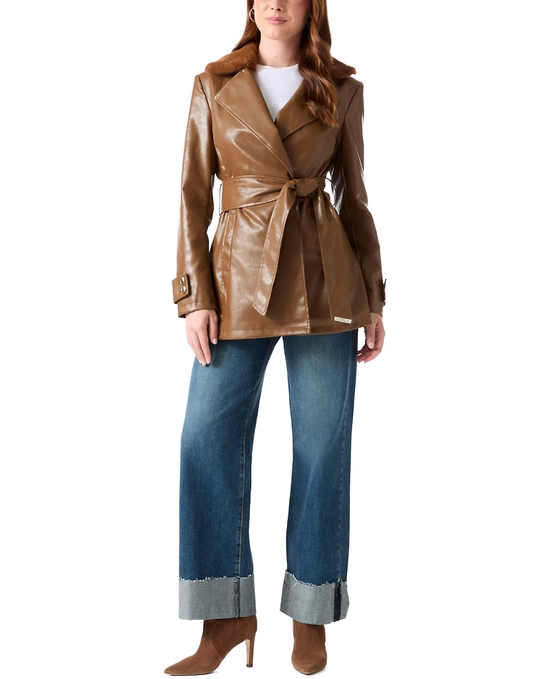 Guess Women's Faux-Fur-Collared Belted Faux-Leather Trench Coat