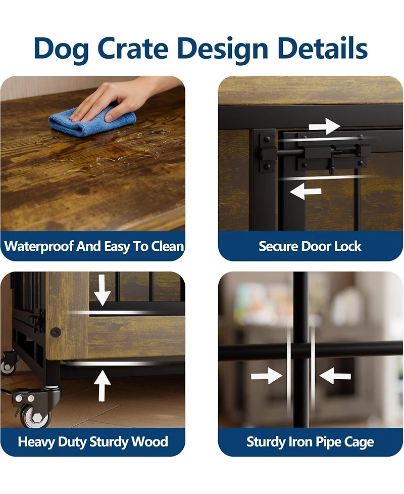 homfan Heavy Duty 38.6" Dog Crate with Wheels, Indoor Pet Kennel, Removable Tray, Easy to Assemble and Clean, Decorative Cage
