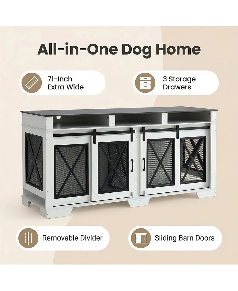 homfan 71'' Dual-Panel Cage, Double Layer Steel and Particleboard, Large Double Compartment Crate, Metal Wood Kennel, Indoor Outdoor Heavy Duty Cage