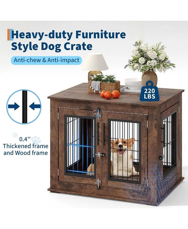 homfan Chew-Resistant Wooden Dog House Furniture for Small/Medium Dogs, Indoor Kennel End Table with Double Doors and Secure Metal Frame